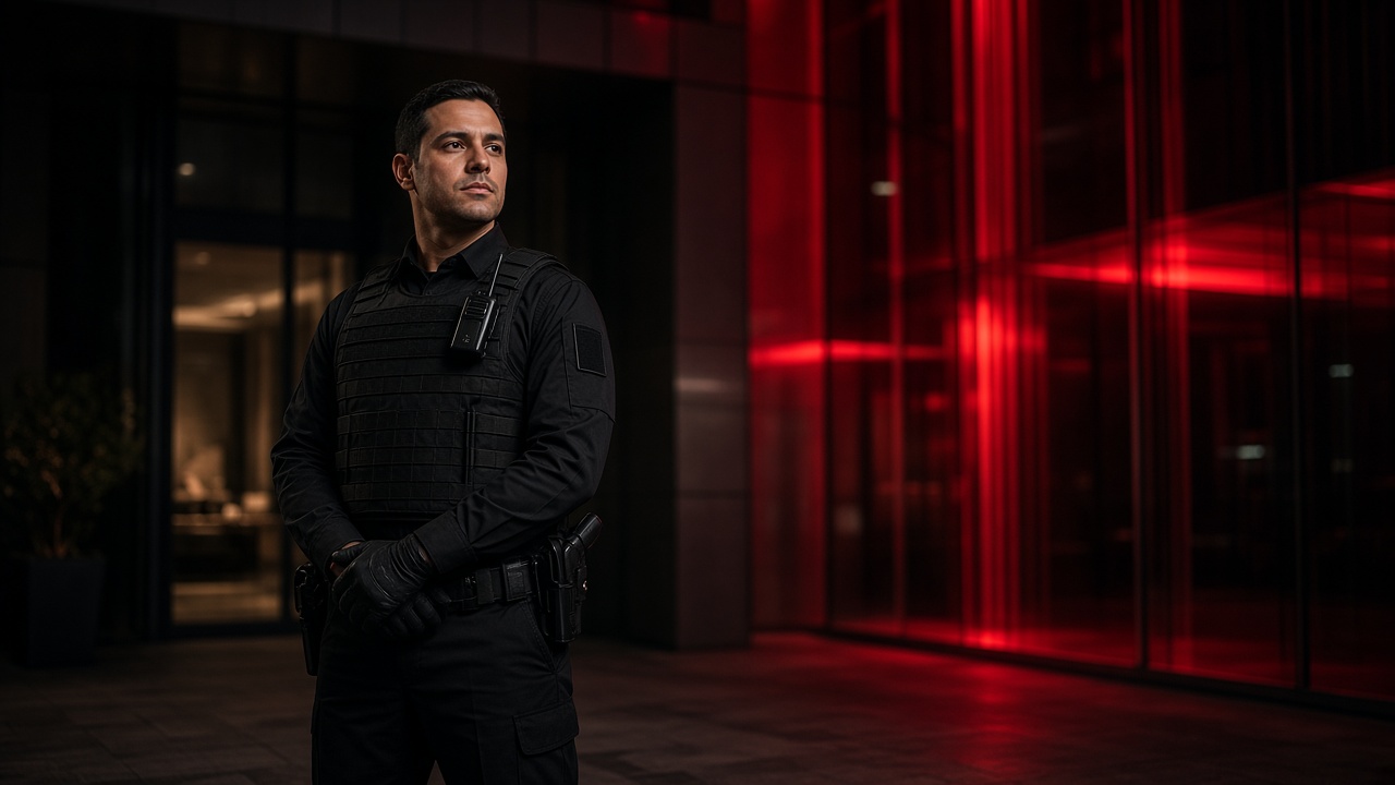 Segurança armada F11 — vigilante em uniforme em operação noturna